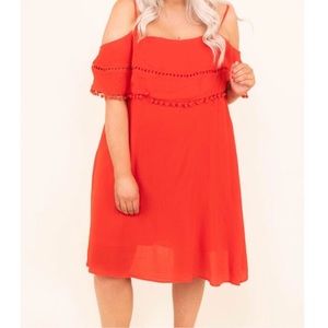 Red off shoulder dress